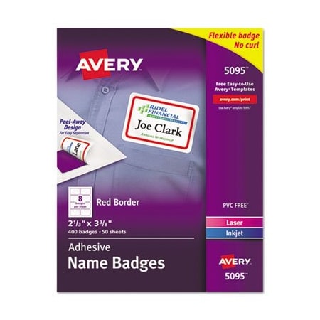 Avery Dennison Avery, FLEXIBLE ADHESIVE NAME BADGE LABELS, 3.38 X 2.33, WHITE/RED BORDER, 400PK 5095